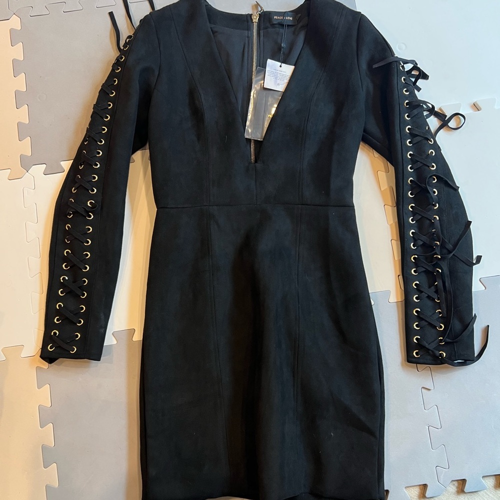 Elegant Black Long Sleeve suede  Dress